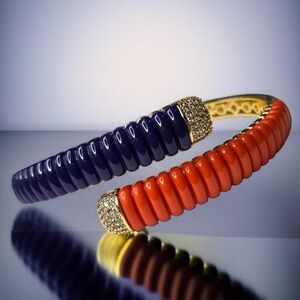 18k Gold Plated Luxury Lapis Lazuli Coral Lucite Pave Crystal Cross Ovr Bracelet